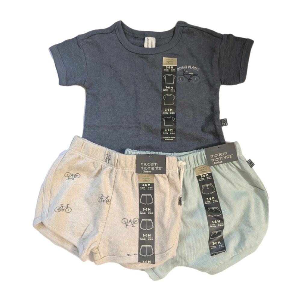 Modern Moments Gerber 3 Pc Outfit Set 3-6M Blue Bicycle Bike Top Shorts